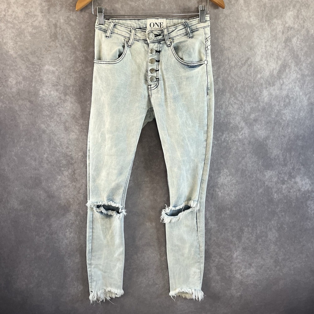 One Teaspoon‎ Skinny Jeans Womens 26 Blue Acid Wash Distressed Button Fly Frayed